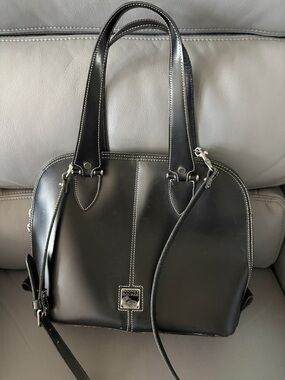 Dooney & Bourke Black Leather Satchel with White Stitching